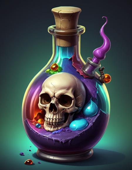 <lora:FF_Potion_Generator:1> a skull in a bottle with colorful liquid, painting of one health potion, colorful concept art, potion of healing, potion, fantasy game art style, colorfull illustration, magic potions, concept art design illustration, alchemy concept, 3 d epic illustrations, hyper realistic poison bottle, magical potions, health potion, detailed game art illustration, by Justin Gerard