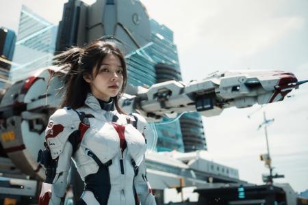 a girl wearing a futuristic mecha,there is a huge spaceship behind me,<lora:zhongbai>,(zhongbai:1.3),Ultra-realistic 8k CG,masterpiece,best quality,(photorealistic:1.2),absurdres,RAW photo,extremely detailed,science fiction,no humans,space,realistic,front view,from_side,metallic,beautiful shadows,metallic luster,Cinematic Lighting,rim light,<lora:yue12:0.2>,looking_at_viewer,