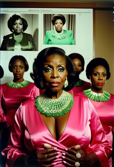 ()Hyoer Realistic:2.0)Polaroid picture of 
a hyper realistic Movie Still of (80 years old ((busty:1.3)) (((african american))) women) 
 of a group of stern, suited College Board of Trustees (Standing exposing large breasts ), their (possessed glowing eyes:1.70) glazing over as they fall under the hypnotic spell of a circle of Alpha Kappa Alpha Sorority Sisters.
The  (90 year old busty african american sorority sisters standing in front of the Board, resplendent in their pink and green attire:1.85) , gaze intensely at the trustees, their hands weaving intricate patterns in the air as they chant in unison.( The trustees' faces slacken, their pupils dilating as they succumb to the sisters' mesmerizing power:1.65)
(In the background, a giant budget spreadsheet displays a rapidly increasing total, the numbers spinning wildly out of control as the trustees, now completely entranced, nod in unison to allocate infinite funds to the Greek Life budget.:2.00) (Capture the surreal, mind control::2.80)