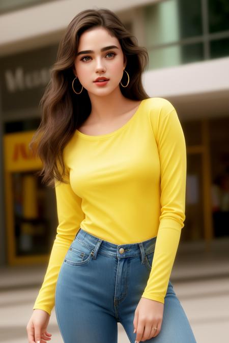 photo of seductive (jg_jc0n-130:0.99), a woman as a sexy customer, closeup portrait, (tight yellow long sleeve white t-shirt), (jeans), (in a department store:1.1), (masterpiece:1.5) (photorealistic:1.1) (bokeh) (best quality) (detailed skin texture pores hairs:1.1) (intricate) (8k) (HDR) (wallpaper) (cinematic lighting) (sharp focus), eyeliner, (painted lips), (earrings), (vivid atmosphere)