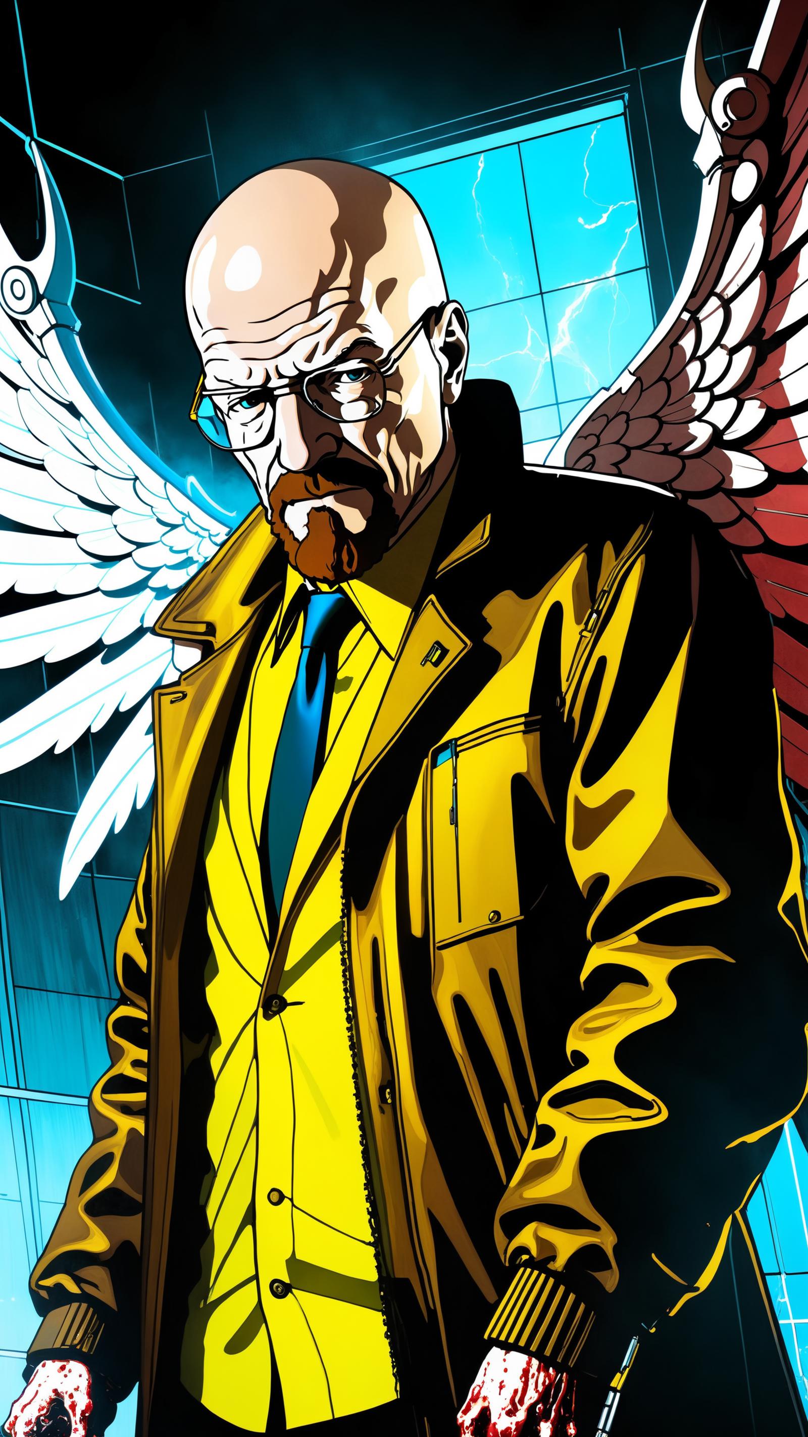 A cartoon drawing of a man wearing a yellow jacket and tie with wings and lightening bolts.