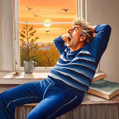 oil painting art, 
old sad male, solo, yawning, stretching arms, messy hair, dressed in a  striped shirt and blue sweatpants, sitting on windowsill, sunrise, glowing morning light, birds outside, soft and warm tones, serene atmosphere, detailed background, sad expression, cel shading, clean color, <lora:LojkinXL:0.75>  <lora:add-detail-xl:0.6>