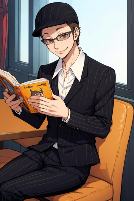 masterpiece, best quality, solo, 1boy, smile, <lora:Joe_Fp:1>, joedesu2, suit, collared shirt, pinstripe pattern, glasses, hat, pants, reading, comic, sitting,