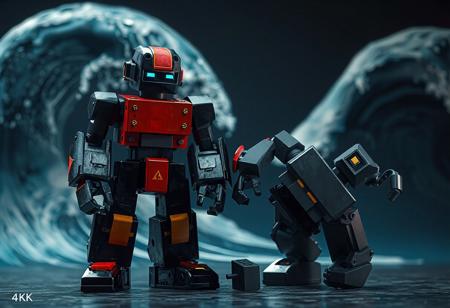 full body, Blockman robots, each with unique forms and color schemes, are depicted in a striking scene. One robot, mainly black and red with a yellow chest stripe, stands upright, while the other, black and gray with a similar yellow stripe, lies on its side. The composition of the image, set against an Earthbound Wave background, creates a sense of balance. The image is 4K, exceptionally detailed, with vivid emotions and colors, and contains no text or additional objects. It appears to be trending on ArtstationHQ, featuring cinematic lighting, and is rendered in high resolution.