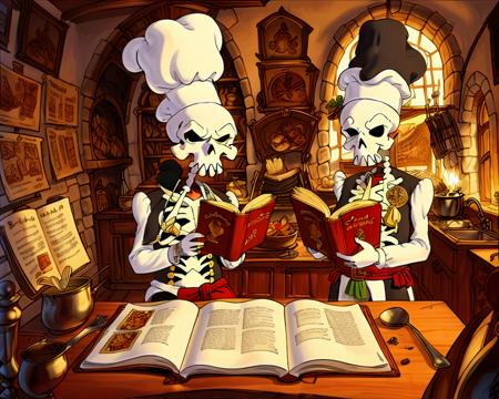 <lora:mi3:0.8> skeleton reading a book about cooking, wearing chefs hat