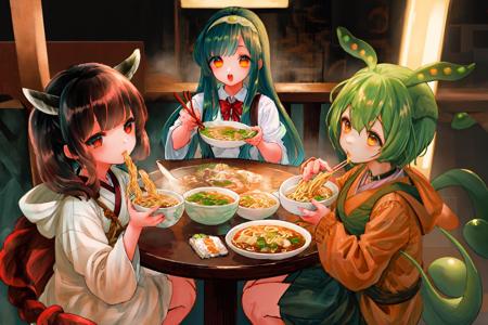 masterpiece, best quality, ultra-detailed, 3girls, ((ramen  restaurant))
AND masterpiece, best quality, 3girls,  <lora:kiritan:0.75>,kiritan,white kimono, brown hair, red eyes,upper_teeth, (teen age:1.2), (sitting:1.1) ,ichiraku ramen, (eating ramen noodles:1.0), holding chopsticks and ramen bowl, slurp one's noodles
AND masterpiece, best quality, 3girls,  <lora:v zunko2:0.75> zunko, green hair,very long hair,school uniform,upper_teeth, (teen age:1.2), (sitting:1.1) ,ichiraku ramen, (eating ramen noodles:1.0), holding chopsticks and ramen bowl, slurp one's noodle
AND masterpiece, best quality, 3girls, <lora:Zundamon:1>zundamon,green hair, orange eyes, green skirt, white dress,upper_teeth, (teen age:1.2), (sitting:1.1) ,ichiraku ramen, (eating ramen noodles:1.0), holding chopsticks and ramen bowl, slurp one's noodles