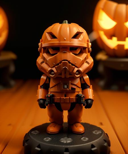 cinematic film still focus on fullbody bobblehead orange space stormtrooper with (helmet in design shape of  jackolantern:1.2), character in space, parody, dark cargo bay background, orange theme . shallow depth of field, vignette, highly detailed, high budget Hollywood movie, bokeh, cinemascope, moody, epic, gorgeous, film grain, grainy