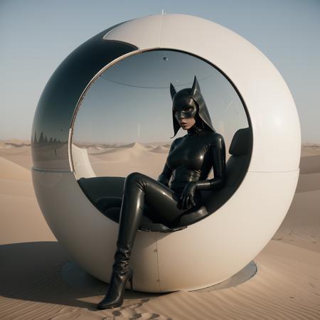 cinematic photography, haze cinematic scene, of a woman wearing a black futuristic latex mask, sitting in a sphere personal vehicle, moment of stillness, led lighting, weird, 2000s aesthetic, mirrored, white sand desert background, futuristic fashion, masterpiece, film grain, 35mm film