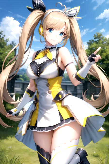 masterpiece, (best quality), vibrant colors ,natural lighting ,RTX, perfect proportions, beautiful, detailed face, (perfect eyes:1.1) ,(photorealistic:1.1), 8k uhd, outdoors, simple background, zea cornelia, 1girl, solo, long hair, smile, blue eyes, skirt, blonde hair, thighhighs, gloves, dress, ribbon, bare shoulders, twintails, medium breasts, very long hair, hair ribbon, ahoge, boots, sleeveless, black gloves, fingerless gloves, black footwear, white dress, white thighhighs, zettai ryouiki, white footwear, headset, asymmetrical legwear, mismatched legwear, straight-on, Pretending to be stuck in a large bubble,   <lora:ZeaCornelia:0.85>