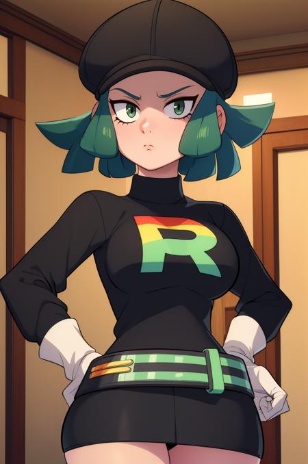 rinbogrunt,green hair,green eyes,short hair,
team rainbow rocket uniform,hat,belt,white gloves,black turtle neck,long sleeves,
solo,upper body,standing,serious,black miniskirt,thick,
secret base,indoors,
(insanely detailed, beautiful detailed face, masterpiece, best quality),<lora:RainbowRocket-10:0.8>,