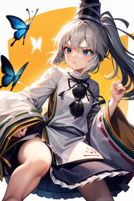 masterpiece, best quality, <lora:mononobenofuto:1>,1girl, solo, hat, mononobe no futo, weapon, tate eboshi, japanese clothes, blue eyes, sword, grey hair, ponytail, kariginu, sheath, bug, butterfly, long hair, sheathed, wide sleeves, ribbon, skirt, magic circle, scabbard, long sleeves, katana