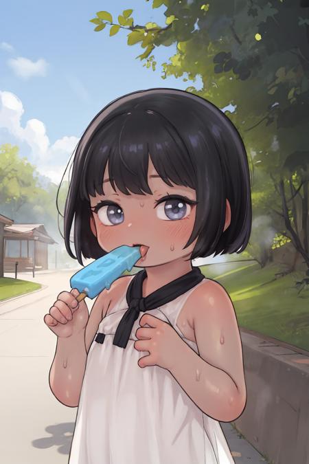 1girl, bangs, bob cut,black hair,  short hair, sundress, sunlight,upper body, tanlines, sweat,looking at viewer, white dress, hand on own chest, popsicle, tongue out,