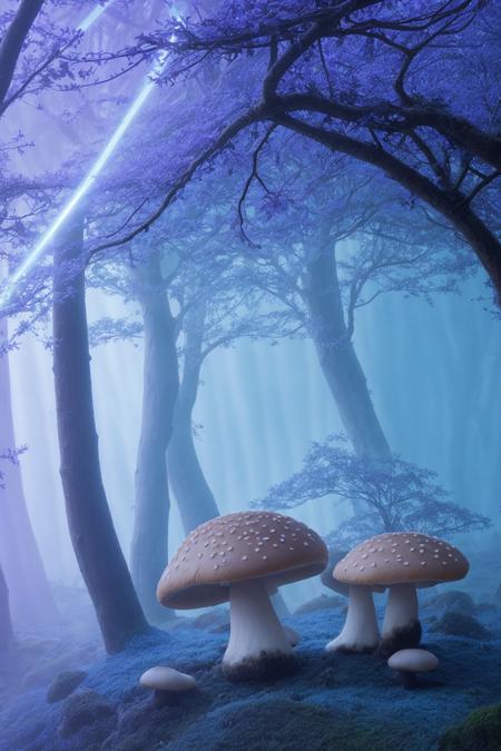 misty enchanted forest, glowing mushrooms scattered on the forest floor, ancient trees with twisting branches, soft blue and purple lighting, gentle fog rays through trees, fantasy magical vibe, high detail forest floor