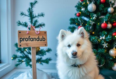A white fluffy dog by a christmas tree, with a sign saying "profandub"