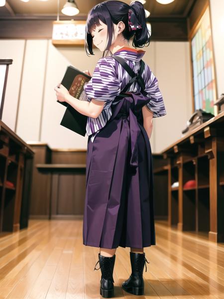 masterpiece, best quality, ultra-detailed, extremely detailed, illustration,
BMC, 1girl, solo, (yagasuri), japanese clothes, closed eyes, indoors, skirt, hakama, hakama skirt, realistic, kimono, holding, menu, black hair, ponytail,  ,boots, cross-laced footwear, lace-up boots,  smile, meiji schoolgirl uniform, tasuki,  ribbon, full body, hair ribbon, purple hakama, wooden floor, looking back,
 <lora:BasyamichiV6:0.8>