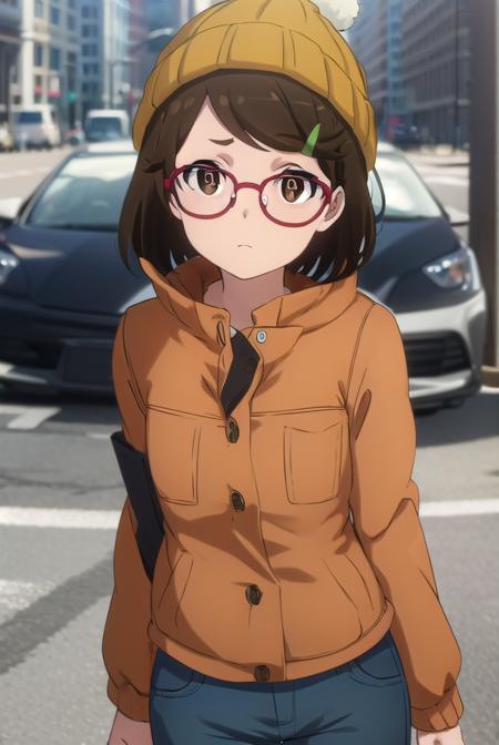 risaaoi, <lora:risa aoi s1-lora-nochekaiser:1>,
risa aoi, short hair, brown hair, hair ornament, (brown eyes:1.5), glasses, hairclip, red-framed eyewear,
BREAK shirt, hat, jacket, pants, vest, beanie,
BREAK outdoors, city,
BREAK looking at viewer, (cowboy shot:1.5),
BREAK <lyco:GoodHands-beta2:1>, (masterpiece:1.2), best quality, high resolution, unity 8k wallpaper, (illustration:0.8), (beautiful detailed eyes:1.6), extremely detailed face, perfect lighting, extremely detailed CG, (perfect hands, perfect anatomy),