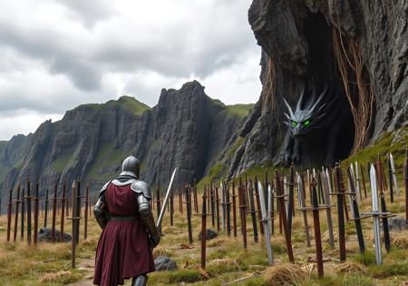 Cliffs against a gray sky with dark clouds. A knight in armor with a sword and shield (rear camera) stands in front of a small clearing with withered and in several places burnt grass at the entrance to the cave. A terrifying dragon with sparkling green evil eyes began to crawl out of the cave. Across the entire surface of the clearing, about three dozen swords of various sizes and types are stuck into the ground by a third at different angles. Several of the swords stuck in the ground were rusted.