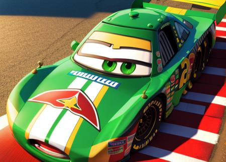 race car, cartoon,car, nascar, Formula 1, F1,  vehicle, detailed, cg, detailed eyes and mouth, 3d rendering, pixar, eyes, looking at viewer, hq rendering <lora:pixarcars:1.2>, ho humans, character art, white background, official art, mexican flag, mexican car