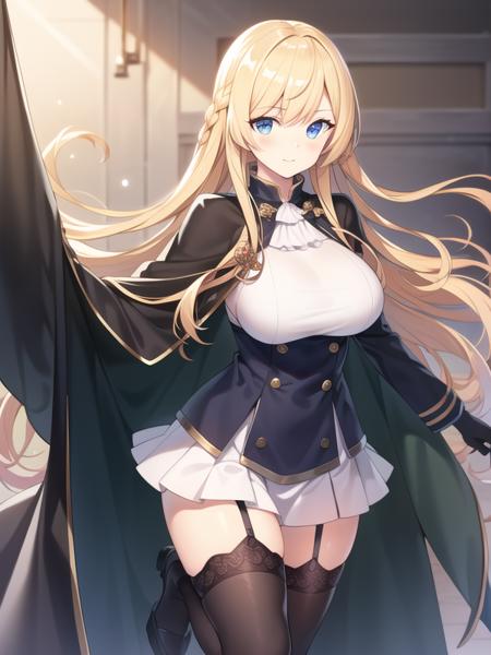 (hyper extreme detailed),(masterpeace),(hyper extreme),(photorealistic),CG,(colour:1.2), beautiful lighting,light from the front,rating:safe,solo, <lora:kongou:0.6>,kongou,blonde hair,long hair,blue eyes,white_gloves,garter_straps,zettai_ryouiki,pleated_skirt,white_skirt,stoking,high_heels,white shirt,long_sleeves,black_cape,short_dress,