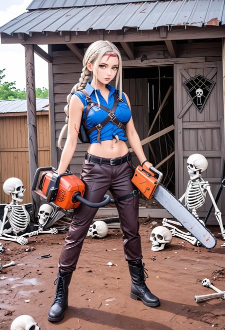 (anime style:1.2), (cosplay:1.1),ash, asian Woman, with long white braids, evil dead, chainsaw, shotgun,pumpgun, blue crop top, short pant,
post-apocalyptic theme, woman warrior, skeleton on back, chainsaw, leather outfit, rugged boots, wooden shack background, survival concept, action pose, sci-fi environment, dystopian fashion, skull on ground, determined expression, earthy tones, cinematic costume design