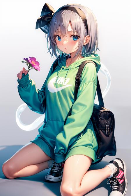 masterpiece, best quality, <lora:youmu-mver:1>,1girl, solo, hood, weapon, sword, konpaku youmu (ghost), sneakers, hoodie, grey hair, katana, shoes, looking at viewer, flower, short hair, ribbon, long sleeves, grey background, socks, alternate costume, black ribbon, bangs, hair ribbon, hairband, blue eyes, black hairband, sheath, pink flower, full body, kneeling, green hoodie, black socks, holding, clothes writing, gradient, hood down, sheathed, sleeves past wrists, drawstring, contemporary, gradient background, simple background, hitodama, parted lips, scabbard, puffy sleeves, nike, bag, puffy long sleeves, shadow, blush