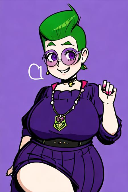 vidke, 1girl, solo, adult, green hair, pompadour, big nose, aquiline nose, purple clothes, small eyes, circular glasses, purple-tinted lenses, wide hips, chubby