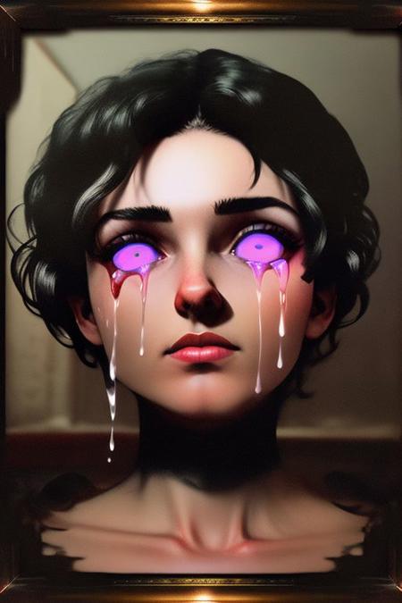 spilled open eyes,blak hair, short hair, frame, victorian room,night, <lora:trippy tears-v9-000007:1>