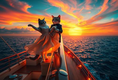 A highly detailed and humorous recreation of the iconic *Titanic* scene, but with two anthropomorphic cats on the bow of the ship. One cat, wearing a flowing dress, stands at the edge with its paws outstretched, embracing the wind and open sea. Behind it, another cat in a tuxedo gently holds its waist, gazing at it with admiration. The vast ocean stretches endlessly in the background, reflecting a breathtaking neon sunset. The ship’s deck glows with warm, cinematic lighting, showcasing intricate vintage nautical details. The perspective is exaggerated, enhancing the whimsical, surreal effect. The sky swirls with psychedelic colors, and the ocean waves shimmer with vibrant, dreamlike hues. Created using: cinematic lighting, hyper-realistic textures, vibrant neon highlights, artistic composition, atmospheric depth, detailed feline expressions, oceanic reflections, vintage ship aesthetics, Highly reminiscent of the iconic titanic bow scene with the ship body in the background and the bow in the foreground,