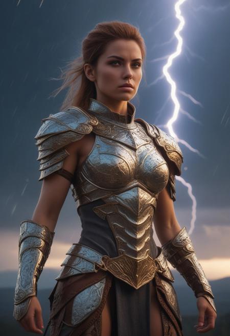 A majestic female warrior stands confidently, her piercing gaze directly engaging with the viewer. Her strong, toned physique is adorned with intricate armor, showcasing her unyielding determination. Against the dramatic backdrop of a lightning-filled sky and a blazing meteor shower, her regal presence shines like a beacon, radiating power and authority.