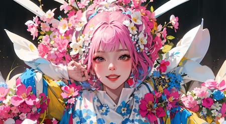 (masterpiece), (ultra detailed),1girl, solo,white orchid behind,field of  flowers ,puxian opera,blooming flowers, dan role,complex flower background, jewelry, hair_ornament, tassel,  smile,(high saturation),(colorful splashes)focus on face,highly intricate details,