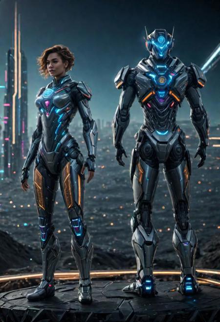 (((full body shot:1.2))), low key off-center composition, high DOF, panoramic shot, 8k UHD, photoshop RGB color, wide angle action shot <lora:add_detail:1>, night sky full of stars:1.1, two full figure cyborgs, female and male, with futuristic design, neon accents, set against a future skyline | BREAK | fashion shot, pictorialist style, sharp focus, film grain, artistic portrayal of cyborgs, emphasizing the blend of technology and human-like elegance, set in a stylized future environment.