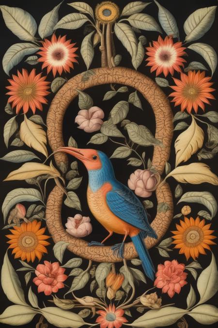 <lora:Mark Catesby Style:1>Mark Catesby Style - Mark Catesby style birds mandala, bird in the middle, and with circle of flowers and leaves arond the bird