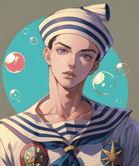 <lora:add_detail:0.67> masterpiece, best quality, 1boy, 19 years old, gappyjojo, full body, hat, looking at viewer, solo, detailed background, detailed face, sailor, bright lighting, male focus, bubbles, belt, pants, anime, araki hirohiko (style), 
 <lora:gappy:1>