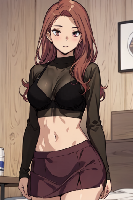 YoonjiMyRoom, 1girl, solo, long hair, miniskirt, large breasts, brown hair, shirt, long sleeves, navel, cleavage, brown eyes, red hair, midriff, black bra, see-through shirt, black shirt, purple skirt, 