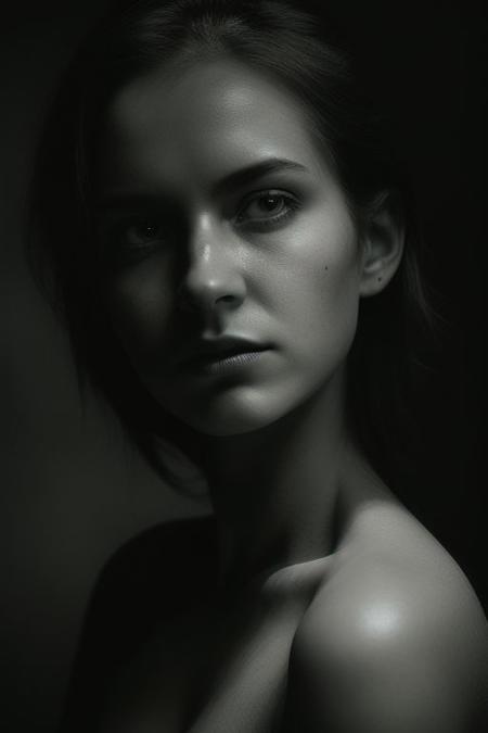 High-key beauty portrait, flawless skin bathed in dramatic shadows, dark & textured background, film grain, edgy pose & expression