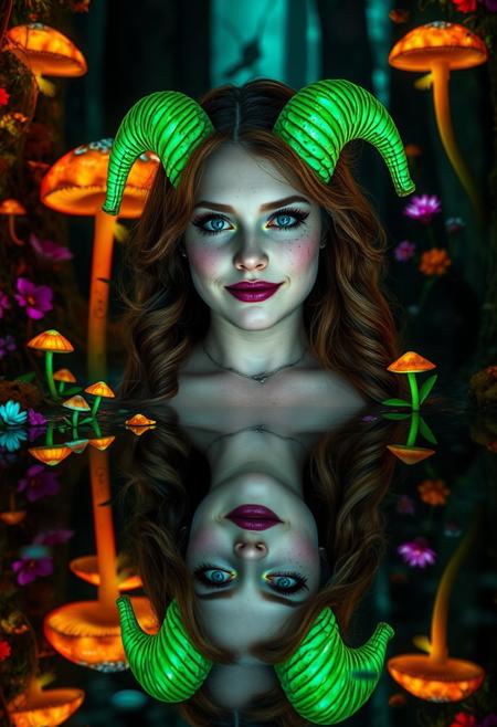celestial astro beauty, professional photography of an fantastical naughty Satyress vertical reflection, blue eyes, cute face, freckles, goat legs, bare breasts, pan pipes, purple lipstick, green eyeshadow, eyeliner, runny mascara, opalescence horns, smile, two-tone (copper, ginger)hair, mermaid hair, curvy, sweaty skin, in an enchanted forest, brightly coloured glowing mushrooms and flowers, Break. 1ly4, detailed skin, 8K, cinematic lighting, volumetric lighting,Reflections from water on ground, with whimsical elements, flowers and swirling magic, eerie fairytale landscape, elaborate fantasy style art, very colorful, intricate details, ultra sharp, exquisite detail, flawless composition, vivid colors, masterpiece, exciting waterfall background,deserted lake, Reflections, vertically mirrored imagery, perfect symmetry in the style of kaitlynn peavler and dreamscape, high quality, highly detailed, high coherence, intricate, elegant, sharp focus, octane render,