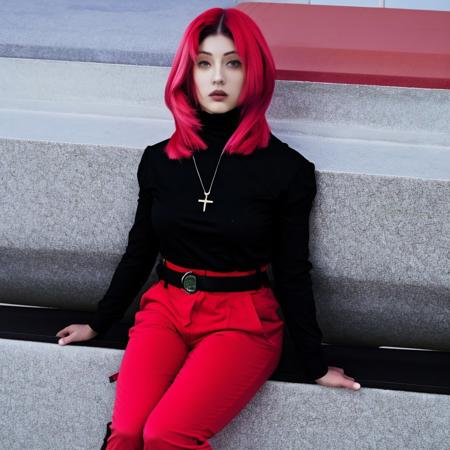 score_4_up,score_3,ultra sharp,ultra detailed,face fix,hand fix,eye fix,female,red hair,greeneyes,solo,grey shirt,red and black cargo pants,black boots,muscular,full body,black belt,(red and black jacket),urban,