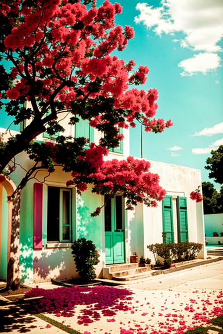 a pink flowered tree in front of a white building