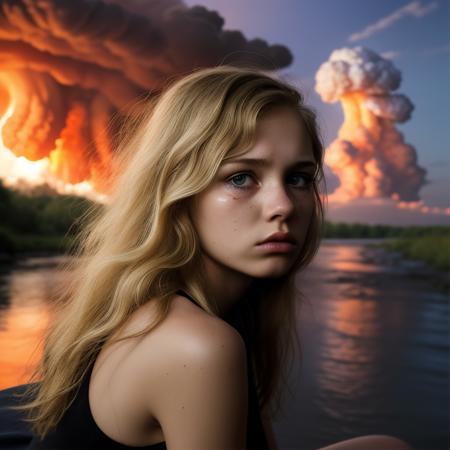 mushroom cloud background, skinny 1girl, portrait, forward facing, face close-up, wavy blonde hair, sitting by a river, emotional, 21 years old, tears from eyes, crying, beautiful face, nuclear bomb background, mushroom cloud, bomb, red skies,