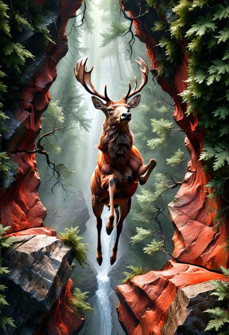 THE LEAP OF A RED DEER OVER A CHASM IN A DENSE FOREST. CLEAR DETAILS .A DELIGHTFUL MASTERPIECE. HYPERREALISM