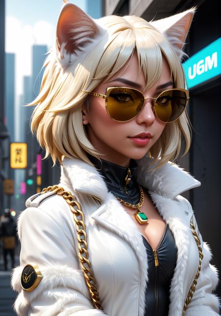 anime artwork [X] female cat wearing a white fur coat and sunglasses with a gold chain, cgsociety 9, cyberpunk cat, 3 d artist, 3d game art, 3 d game art, 3 d character art, tabaxi :: rogue, unreal engine 5 quality render, hyperrealistic 3d digital art, hyperrealistic 3 d digital art, tabaxi, for hire 3d artist, woman cat . graphic illustration, comic art, graphic novel art, vibrant, highly detailed . anime style, key visual, vibrant, studio anime,  highly detailed