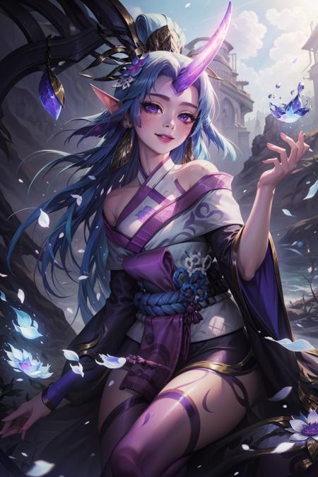 spirit blossom soraka, 1girl, purple skin, colored skin, single horn, kimono, hair ornament, bare shoulders, long hair