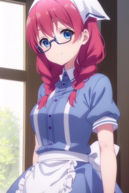 miuamano, <lora:miu amano s1-lora-nochekaiser:1>,
miu amano, long hair, bangs, blue eyes, braid, red hair, glasses, twin braids, semi-rimless eyewear, under-rim eyewear, smile,
BREAK skirt, shirt, thighhighs, gloves, short sleeves, pleated skirt, glasses, puffy sleeves, white gloves, apron, white thighhighs, puffy short sleeves, waist apron, purple skirt, purple shirt, waitress, head scarf,
BREAK indoors, restaurant,
BREAK looking at viewer, (cowboy shot:1.5),
BREAK <lyco:GoodHands-beta2:1>, (masterpiece:1.2), best quality, high resolution, unity 8k wallpaper, (illustration:0.8), (beautiful detailed eyes:1.6), extremely detailed face, perfect lighting, extremely detailed CG, (perfect hands, perfect anatomy),