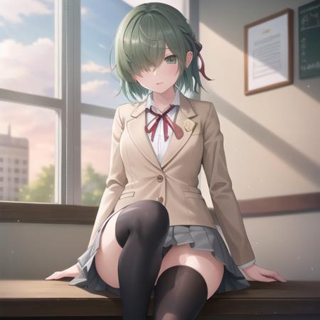 (masterpiece, best quality:1.2),illustration,8k,hd,1girl,solo,thighhighs,skirt,school uniform,green hair,black thighhighs,shirt,hair over eyes,pleated skirt,white shirt,ribbon,jacket,grey skirt,neck ribbon,<lora:Futaba Aoi(School Uniform)-V1:0.7>,