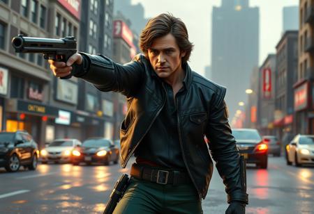 expert Intricate Cyborg Han Solo from Star Wars, centered in dynamic action pose, black leather jacket, green pants, blaster pointed left as main focal point. Foreground street surface, background cyberpunk cityscape with buildings & cars. Captivating cinematic lighting, high detail, intricate textures, lifelike details, beautiful detailed eyes. Matte painting, splash ink illustration, Octane Render, Unreal Engine 5. Golden Ratio, Impeccable Composition, Creative Angle, Sharp Focus, 4K, trending on Artstation, CGSociety.