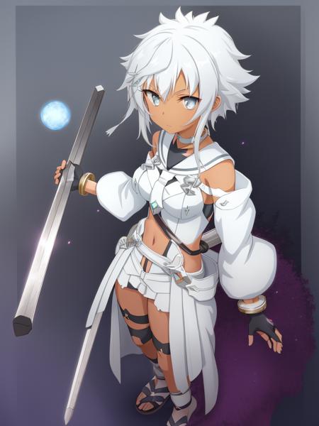 <lora:Kohagura_Natsume-10:0.8>,Kohagura_Natsume, 1girl, solo, looking at viewer, short hair, blue eyes, simple background, hair ornament, gloves, white background, jewelry, standing, full body, weapon, white hair, sword, dark skin, fingerless gloves, bracelet, dark-skinned female, grey eyes, staff