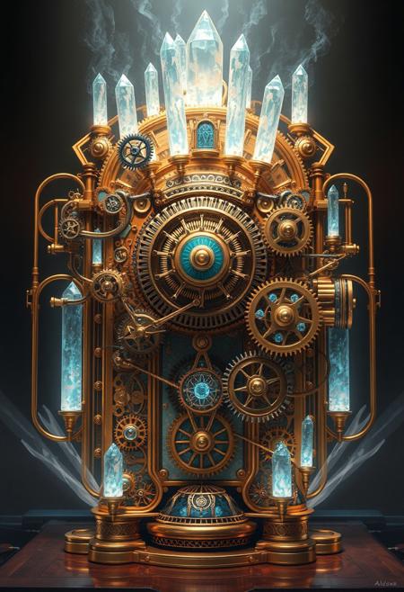 A marvelously intricate steampunk quantum computer stands before your eyes, a fusion of Victorian elegance and futuristic technology. Gears gleam in polished brass, interwoven with elaborate clockwork mechanisms and glowing crystals pulsating with otherworldly energy. This striking image, envisioned as a digital painting, showcases the machine's ornate design and cutting-edge functionality. Every detail is meticulously rendered, creating a visually stunning masterpiece that captivates the viewer with its intricate beauty and technological brilliance.