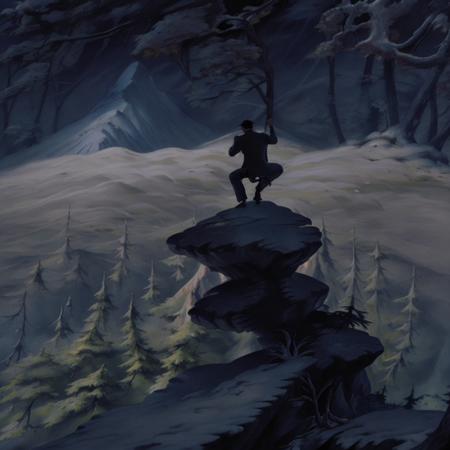 a man on top of a mountain <lora:Bambi:1>