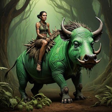 digital illustration: orish Tum Tum woman  sits on the warpainted warthog, A stunning Dremoira woman, poison green color,
Nihilistic Style v3.5 Tum Tum, Deadrasme-dramatic decalcomania,
ultra hyperdetailed masterpiece, Frottage ink canvas, splash art, cadavre paleo mixure, Mysterious mythical art, Grattage and fumage patterns, By Brian Fraud, and David Opscura, eclaboussure,
this surrealistic piece by Art-icimp, a orish infused with a painted ox characteristics serves as the central figure. With grotesque features and hollow eyes reflecting existential ennui, it navigates a dreamlike landscape of soulish trees. The Tum Tum sits at the warthog symbolizes the meaningless pursuit of desire in a nihilistic world.