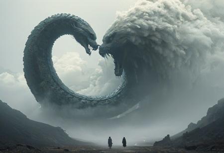 In the realm of Chinese aesthetics, a colossal serpent emerges with a singular, enigmatic head and two intertwining bodies, amidst the cloud-shrouded mountains. Its appearance forebodes the onset of droughts, disasters, and the apocalypse, weaving together ancient myths and the mysterious secrets of the universe.